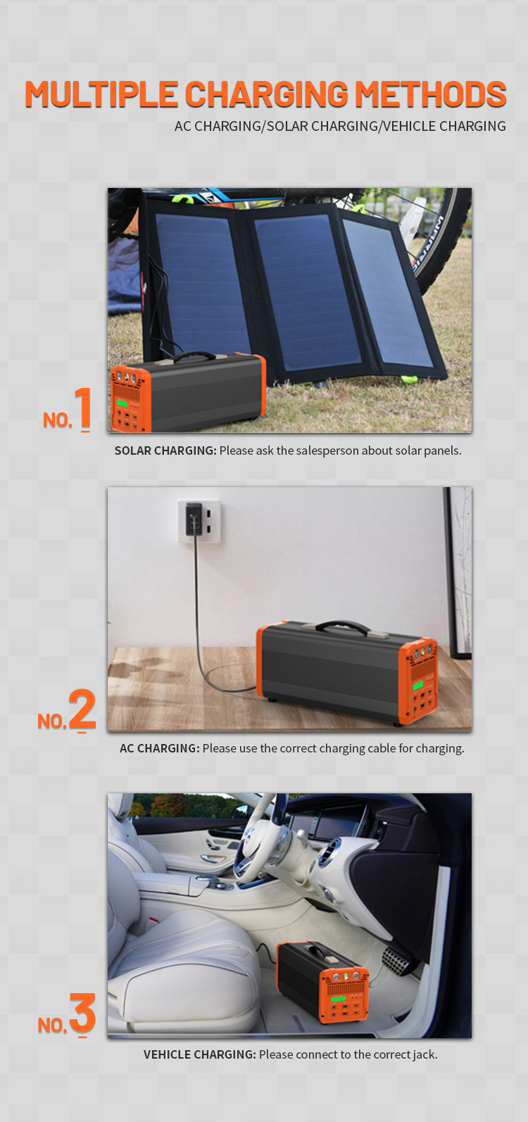 Solar, AC, and vehicle charging methods