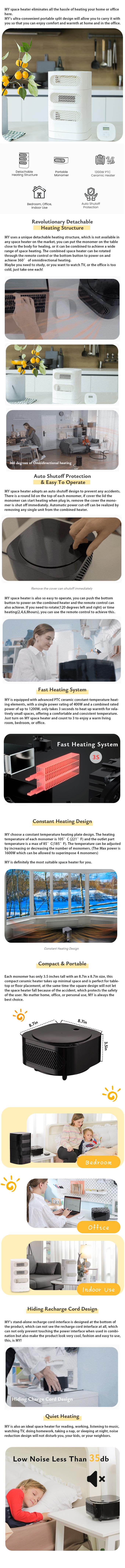 Infographic showing modular heater design, dimensions, and safety features