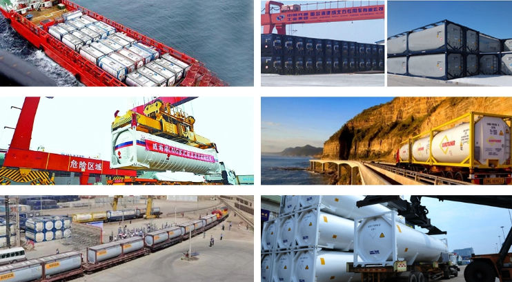 Intermodal cryogenic tank containers for liquefied gas transport