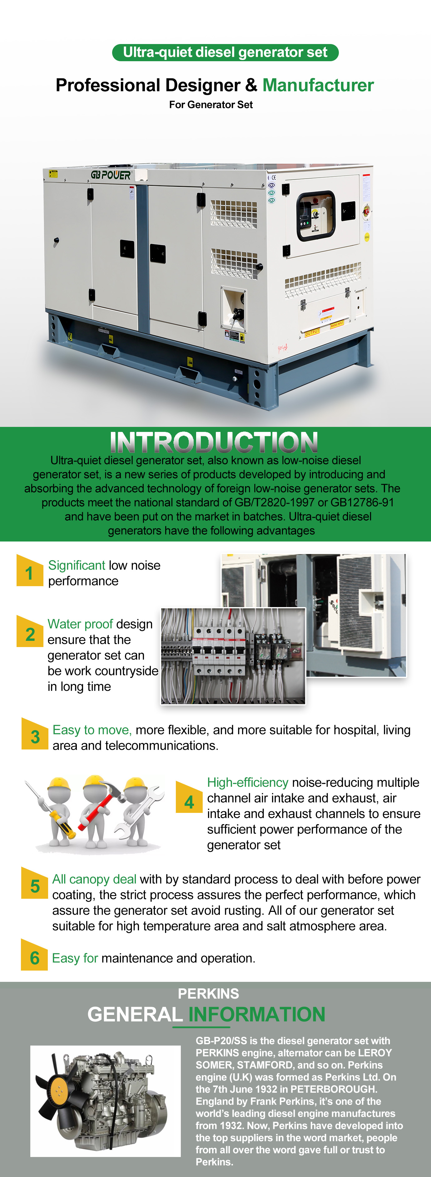 Super silent diesel generator features and engine information