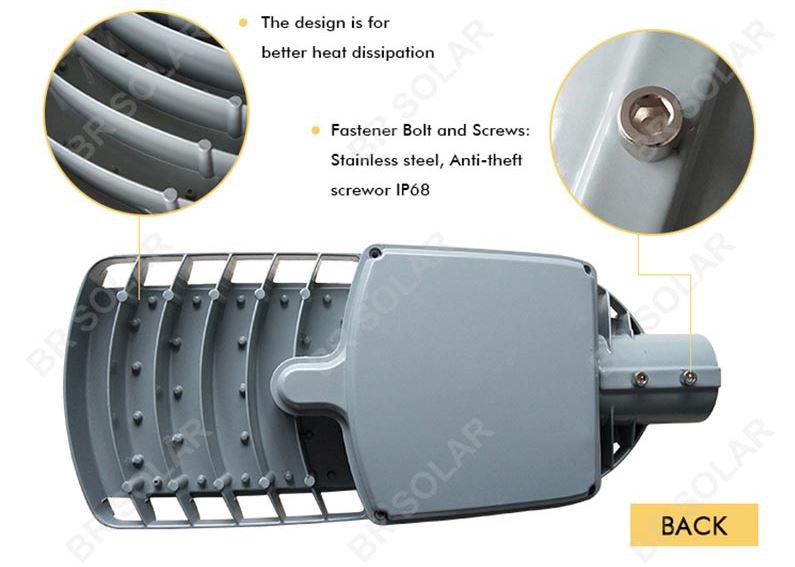 Rear view of the solar light illustrating the heat dissipation design and stainless steel fasteners.