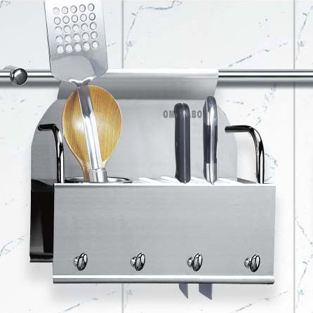 Stainless Steel Kitchen Utensil Holder with Multiple Slots and Hooks