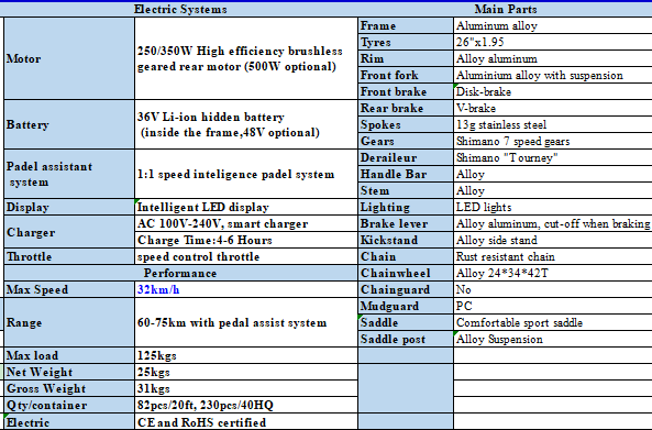 Detailed technical specifications for 26-inch folding electric bicycle