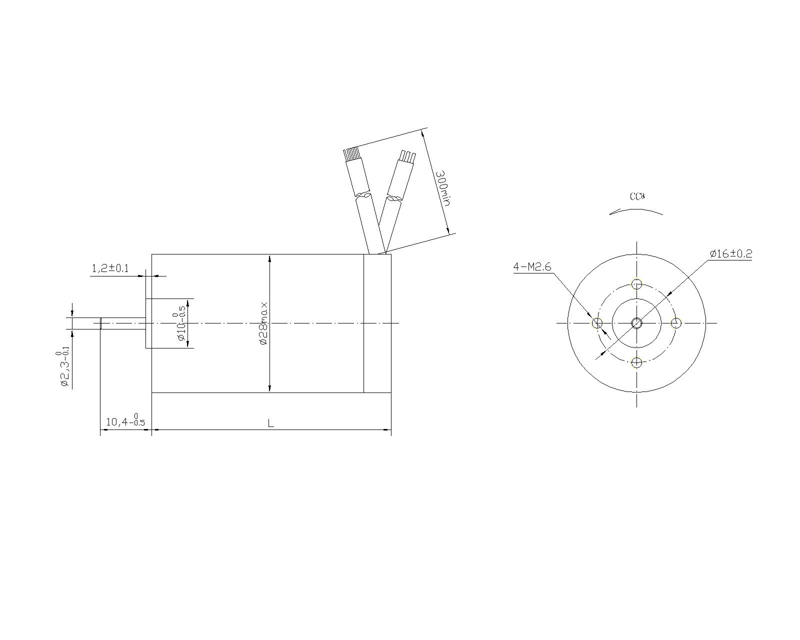 Technical drawing of 28 Series BLDC Motor showing 28mm diameter and mounting dimensions