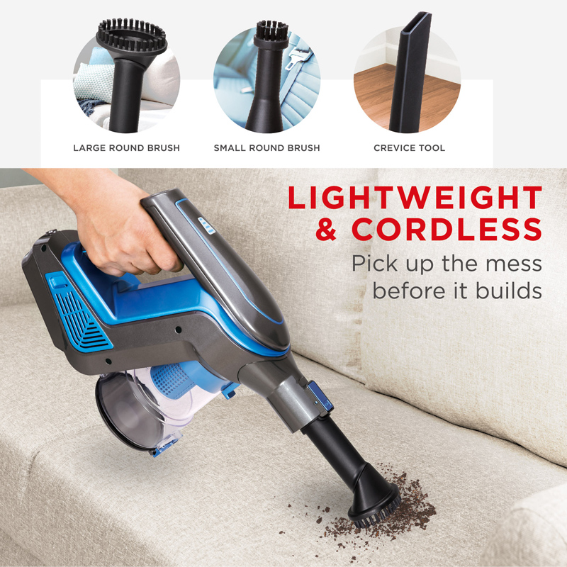 2-in-1 Cordless Stick Vacuum with attachments including large and small round brushes and crevice tool