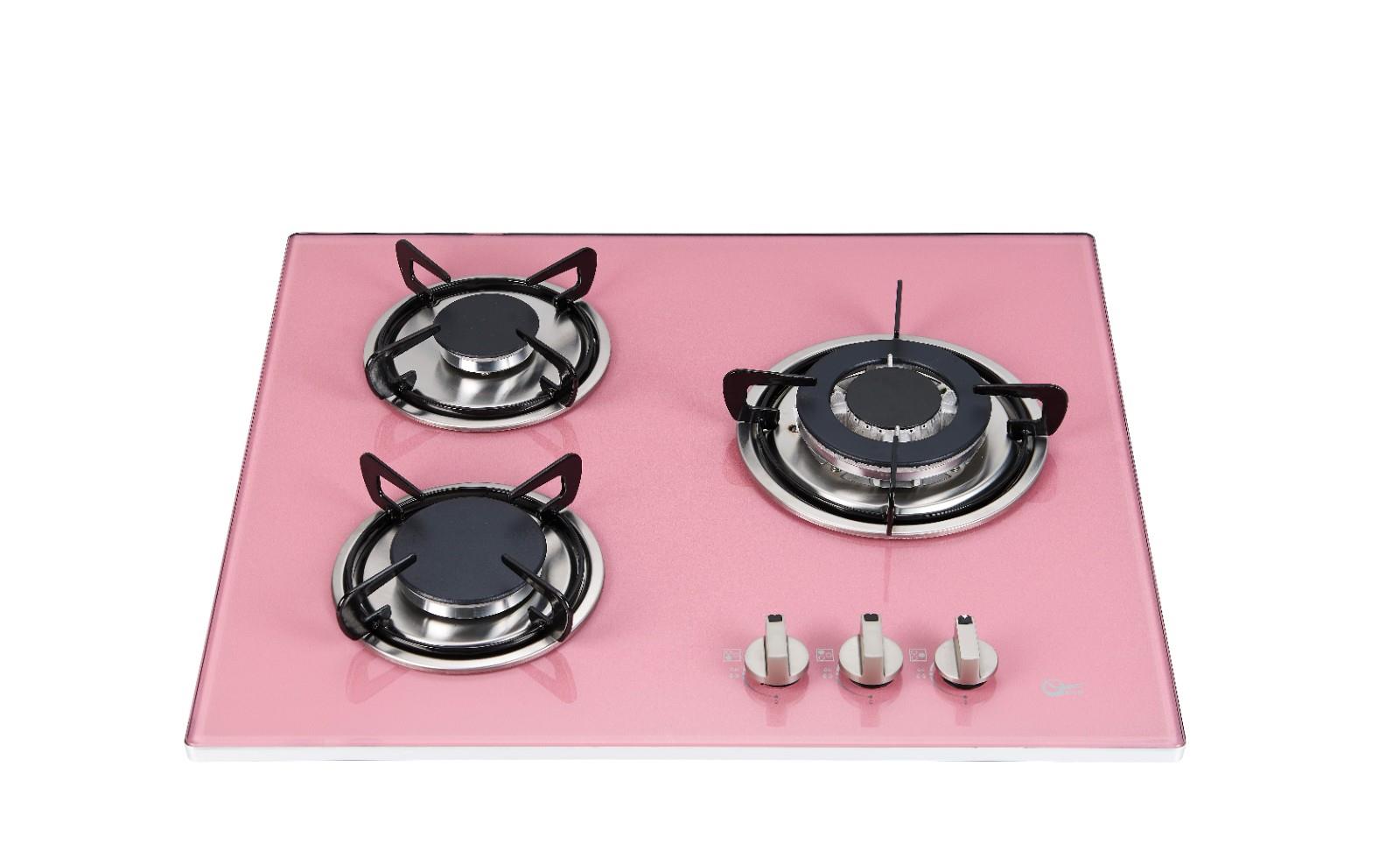 Three-Burner Pink Tempered Glass Gas Hob