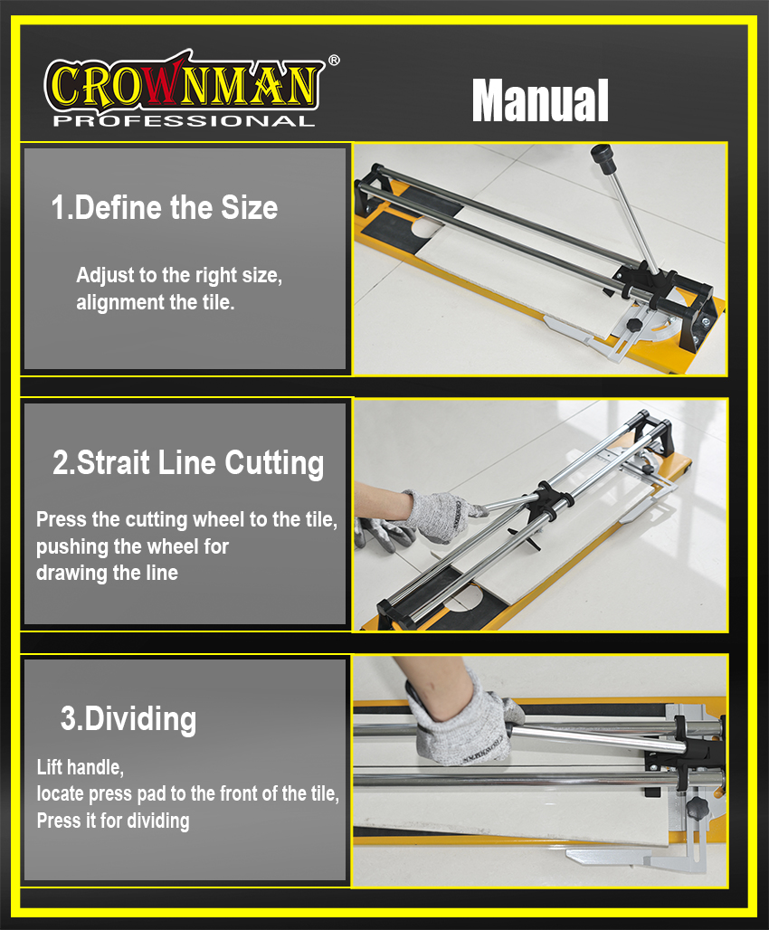 Three-step operation guide for manual tile cutting
