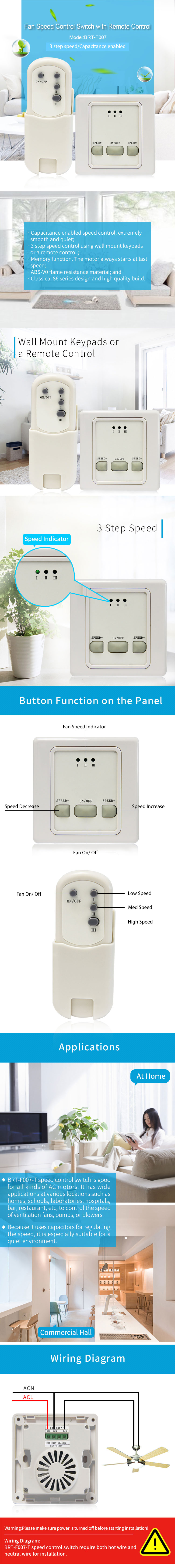 BRT-F007-T Fan Speed Control Switch Features and Wiring Diagram