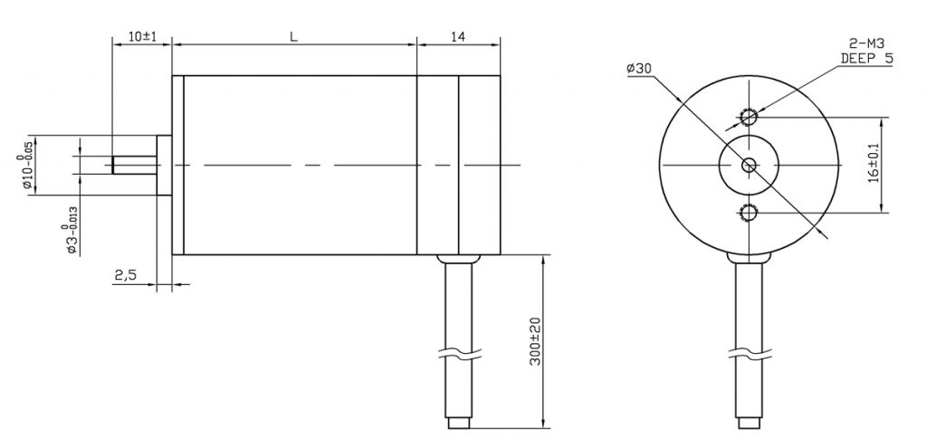Technical drawing of 30 Series BLDC Motor showing dimensions and mounting points