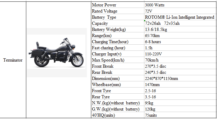 Technical specifications and profile of the electric chopper motorcycle