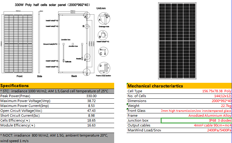 Technical drawing and detailed specifications for 330W Poly Half-Cell Solar Panel
