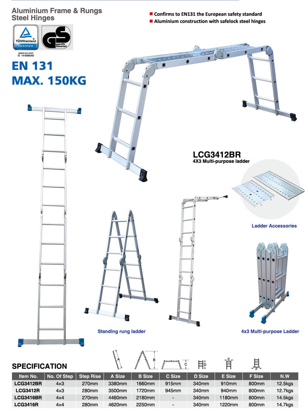 Technical diagram and certification details for the multi-purpose folding ladder