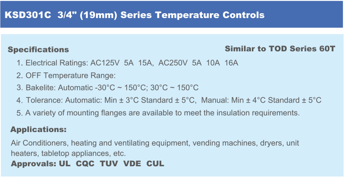 Technical specifications and application chart for KSD301C series thermostat