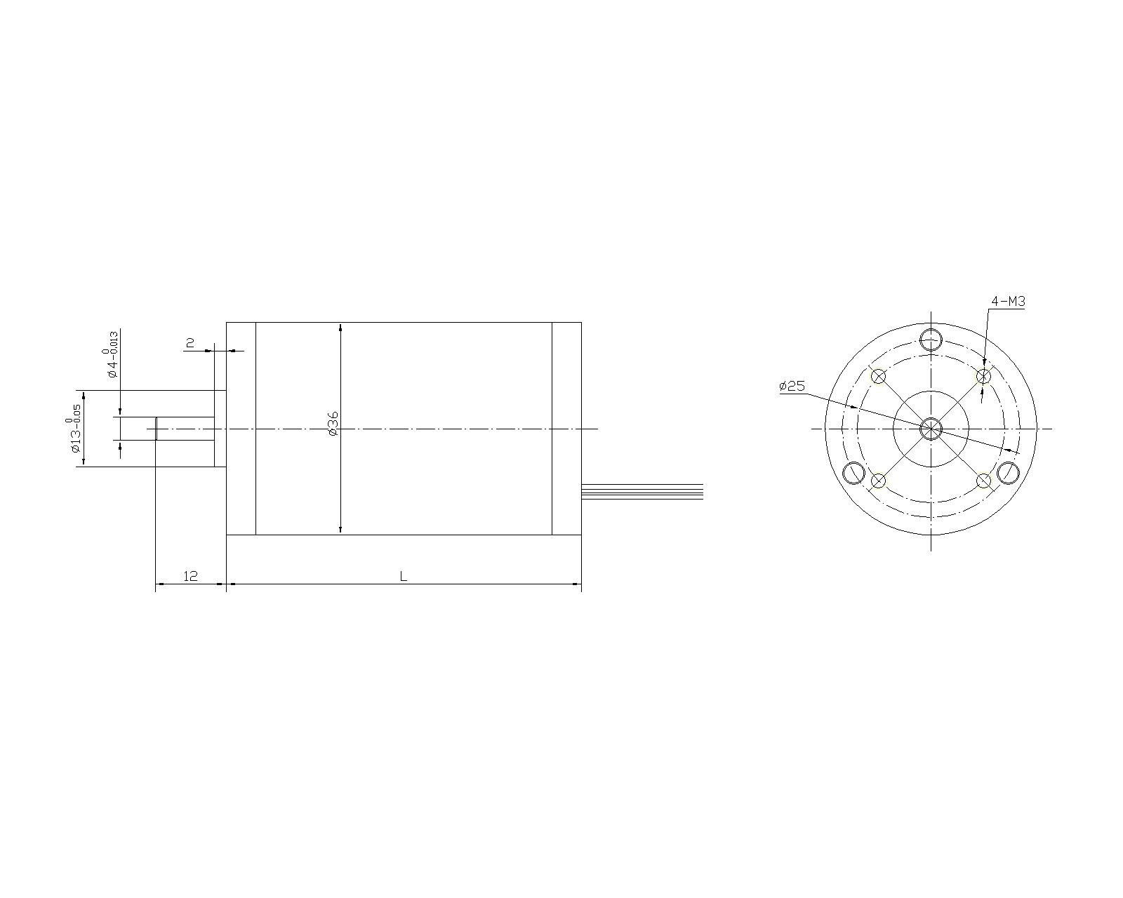 Technical drawing of 36 Series BLDC motor showing dimensions and mounting holes