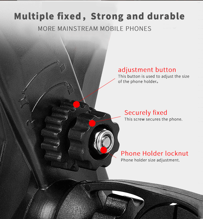 Adjustment buttons and locking nuts for secure phone placement