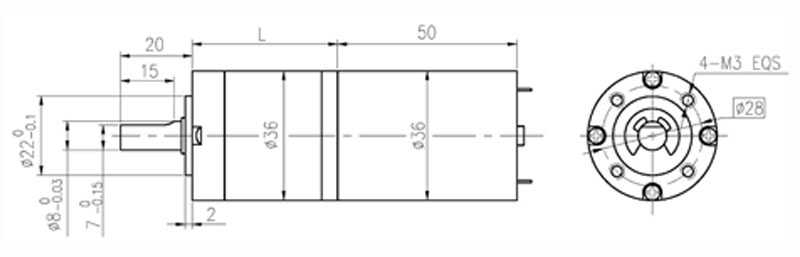 Technical dimensional drawing of 36mm planetary gear motor