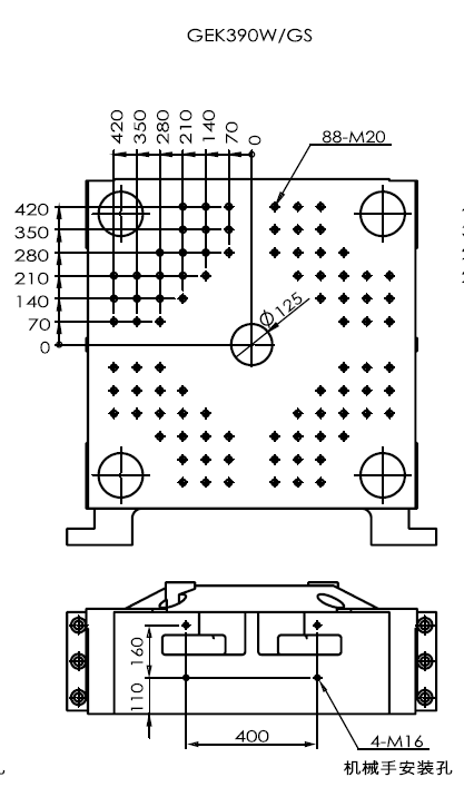 Technical platen drawing for GEK390 injection molding machine