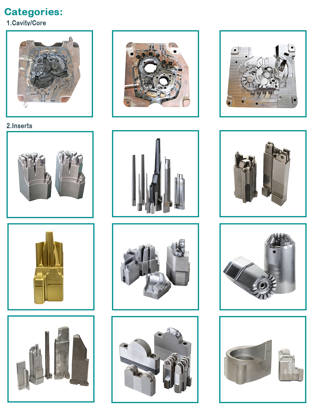 Collection of 3D printed mold cavity and core inserts