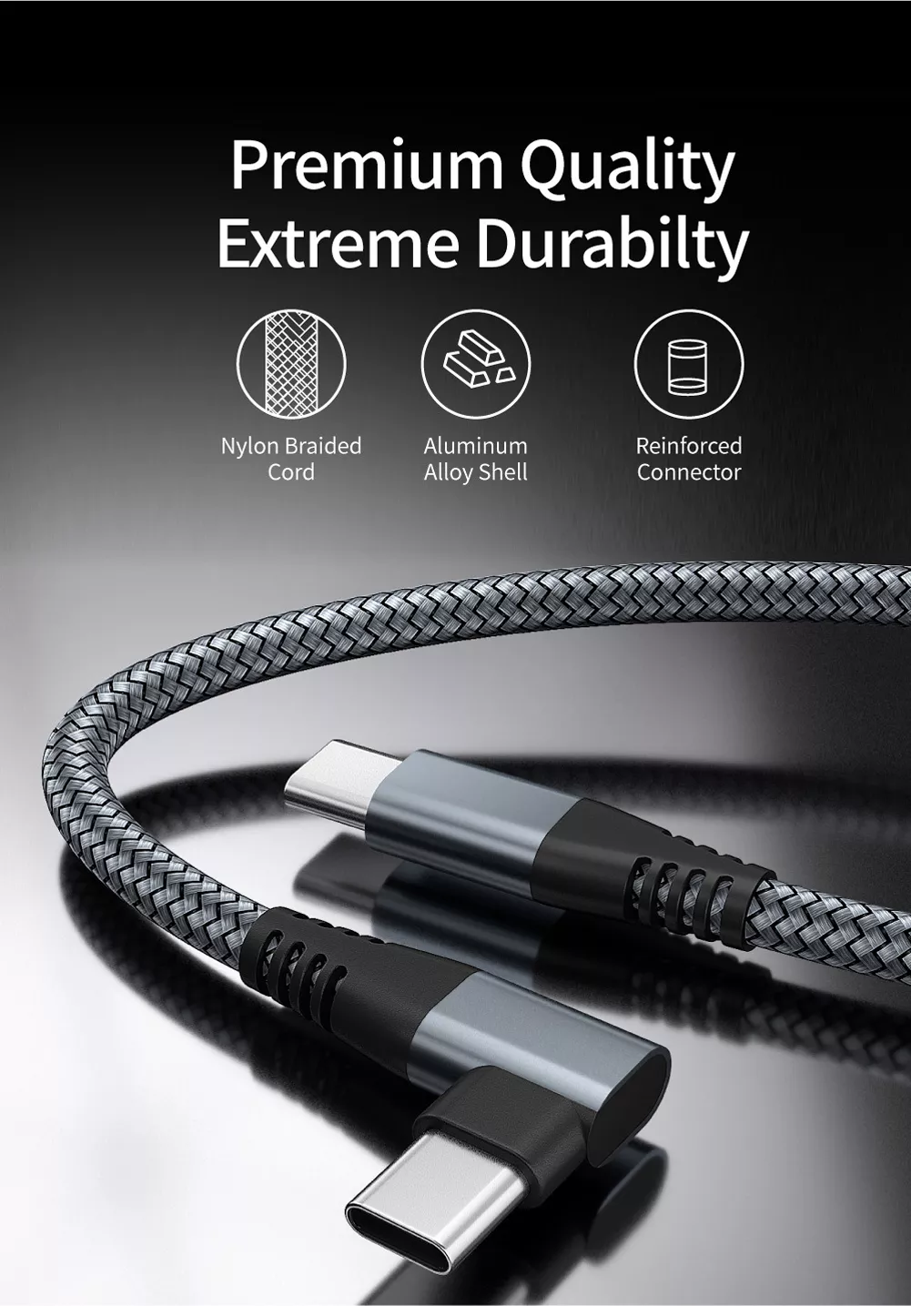 Durable nylon braided USB-C cable with aluminum alloy shell