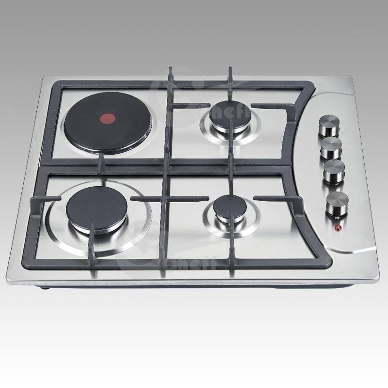 Four-burner stainless steel hob with gas and electric zones