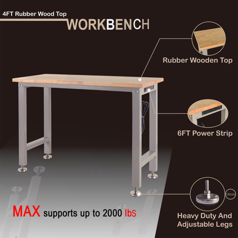 4-Foot Wooden Top Workbench with Power Strip