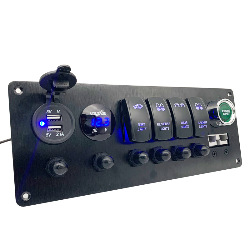 Front view of the 4-gang rocker switch panel showing voltmeter and USB ports