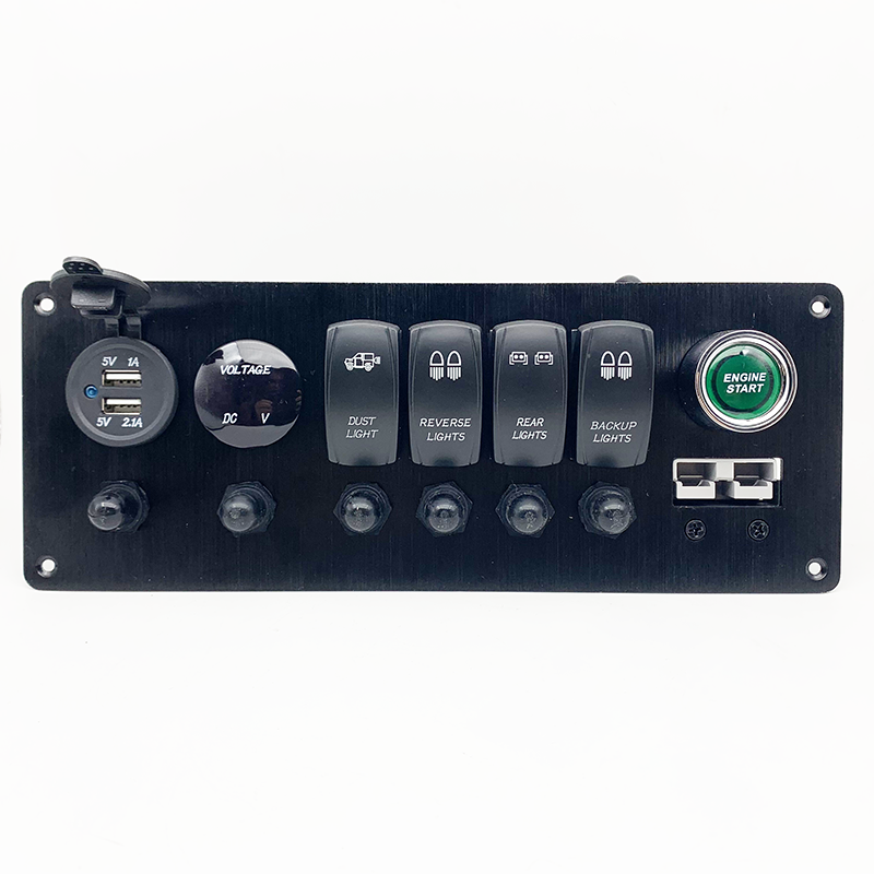 Close-up of labeled switches and engine start button