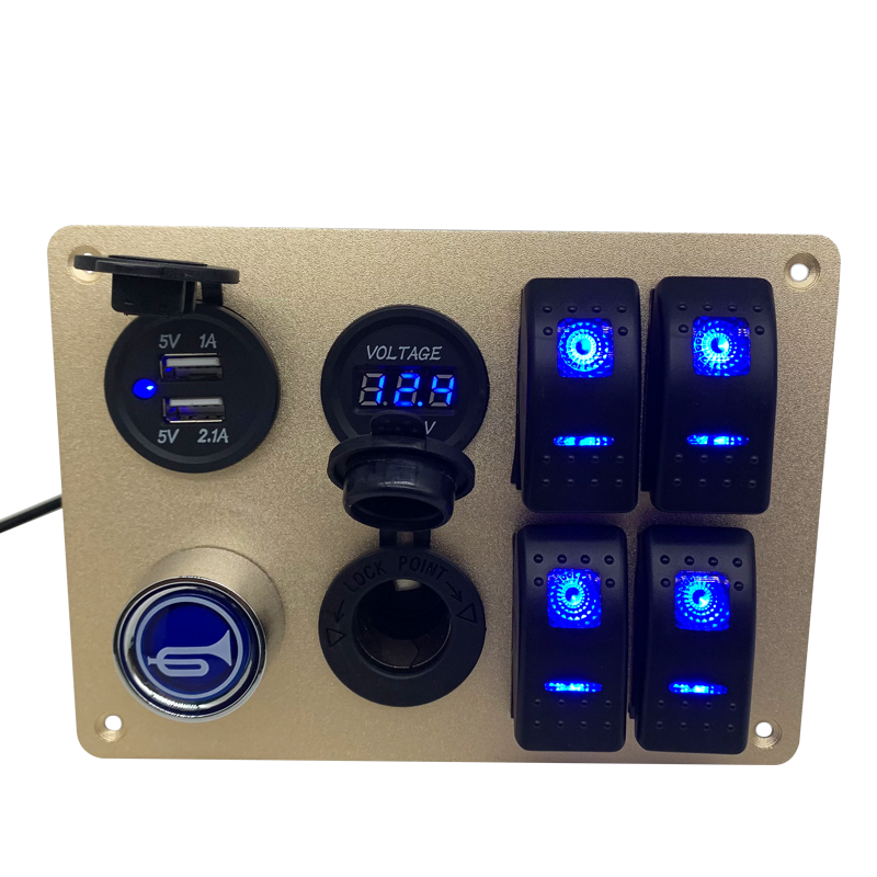 Front view of the waterproof switch panel with blue LED indicators