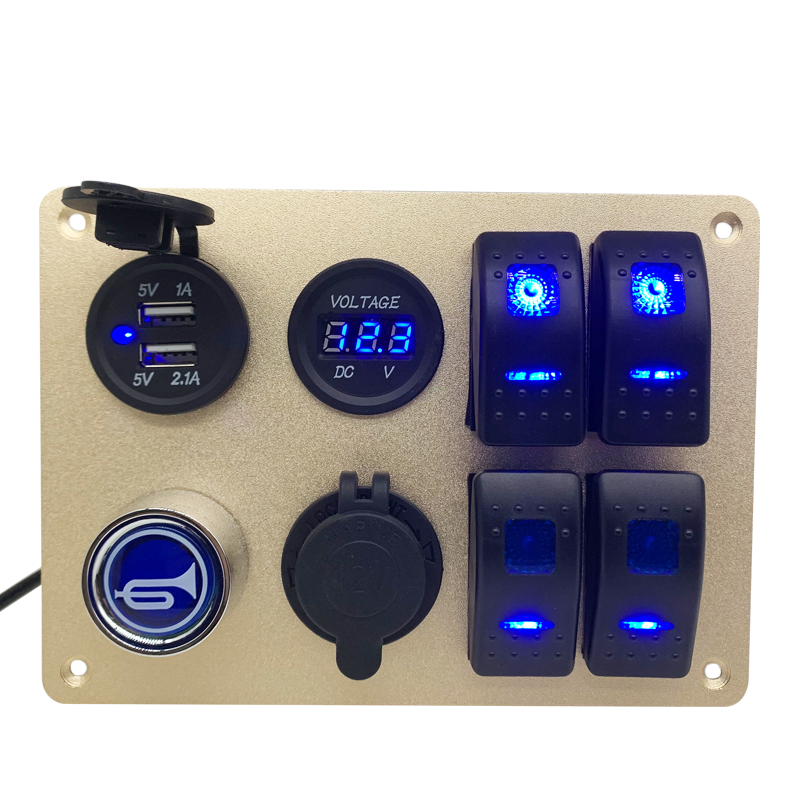 Close-up of 4-gang rocker switch panel with voltmeter and USB ports