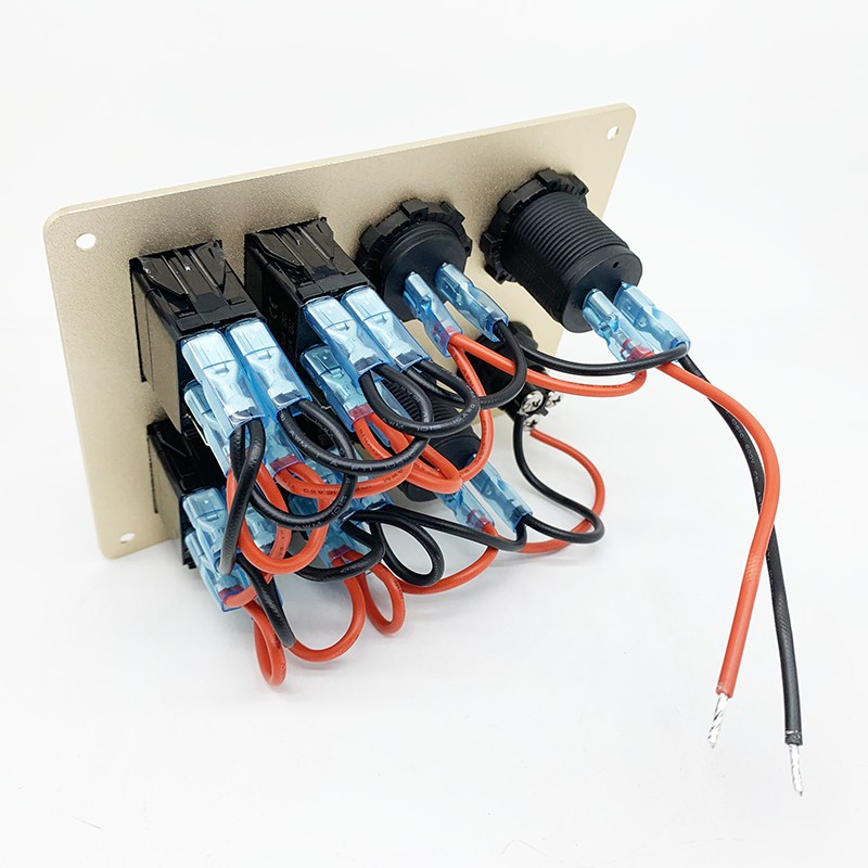 Rear view of pre-wired switch panel with insulated connectors