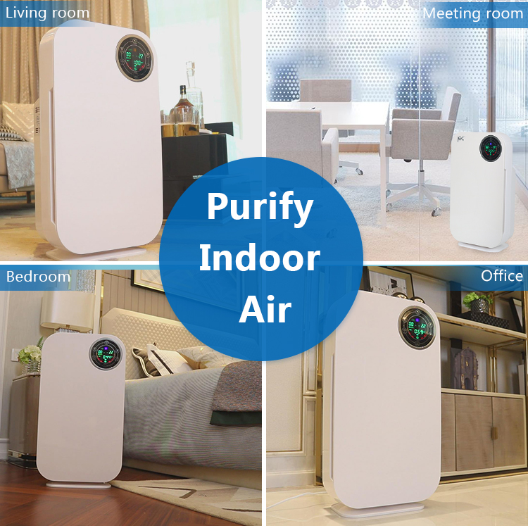 Air purifier in various room settings