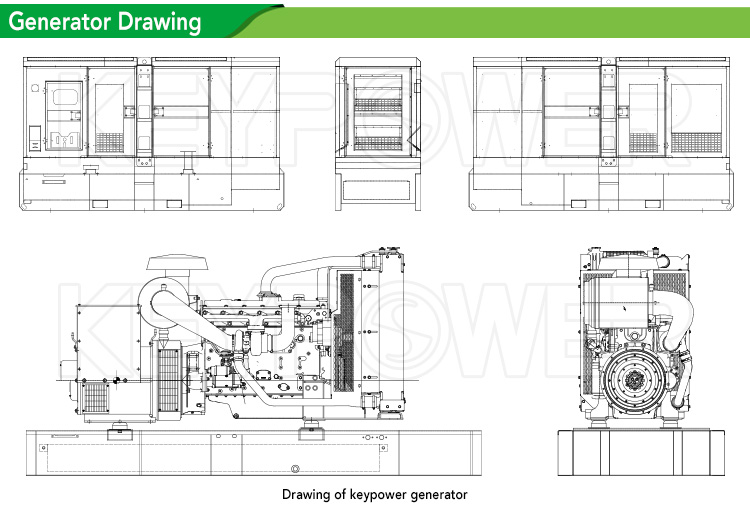 Engineering drawing showing front, side, and top perspectives of the silent generator
