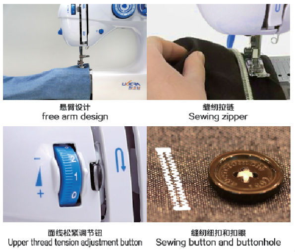 Close-up of sewing machine features including tension adjustment and free arm design