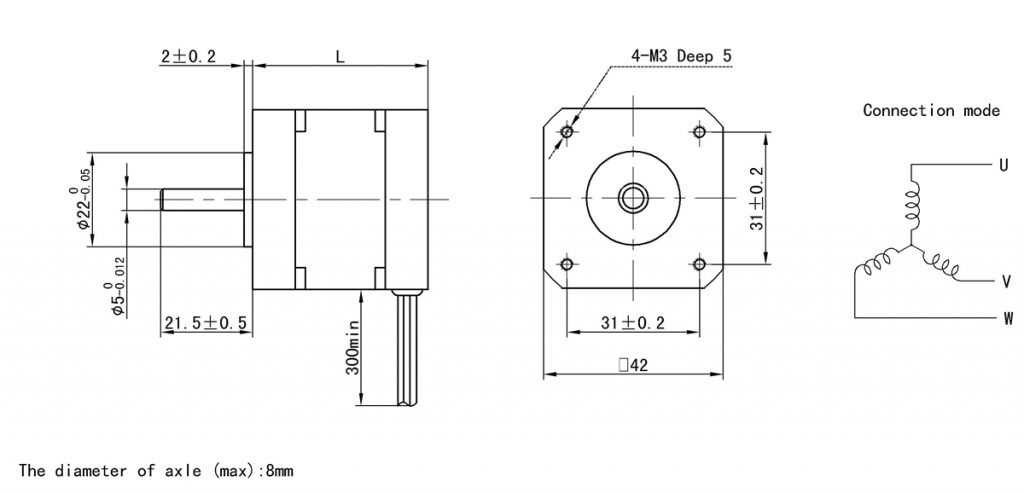 Technical drawing of 42 Series BLDC Motor showing dimensions and wiring