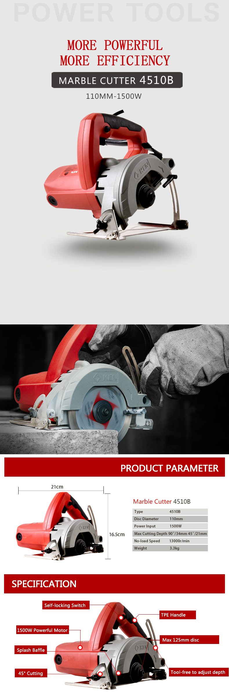Technical diagram showing 110mm marble cutter dimensions and key components