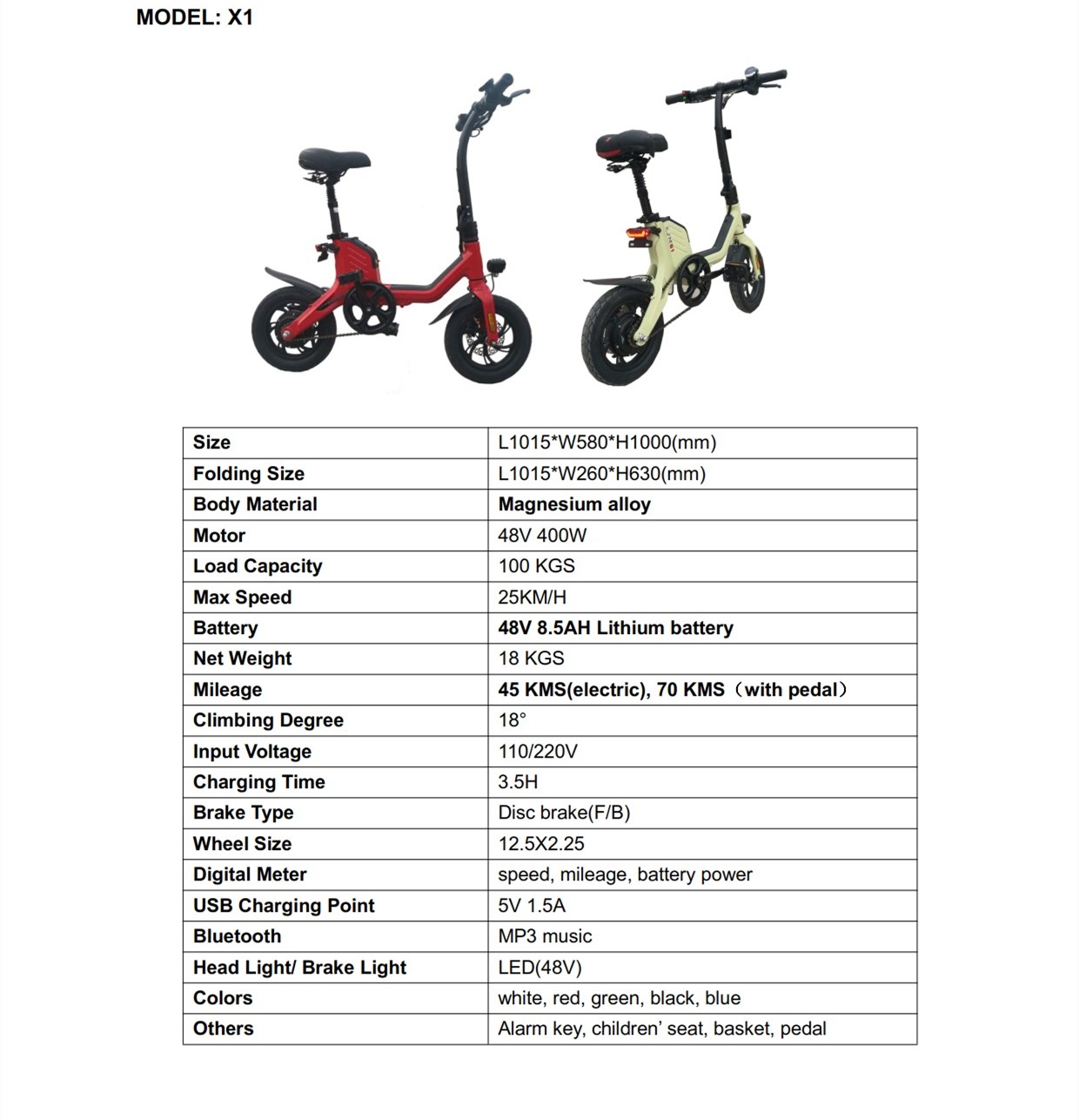 Detailed technical specifications and dimensions for the X1 electric bike