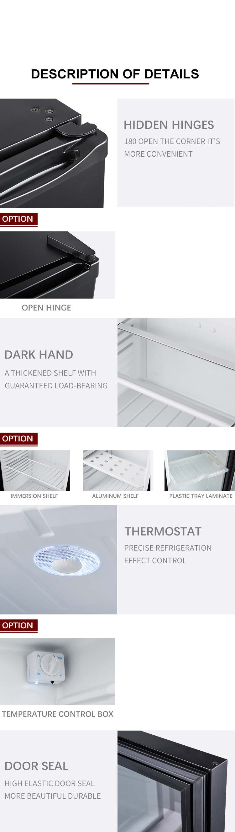 Detailed view of fridge components including hinges, shelves, and thermostat control