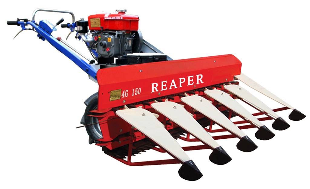 4G150 Self-Propelled Reaper machine in a field setting showing the cutting blades and crop dividers.