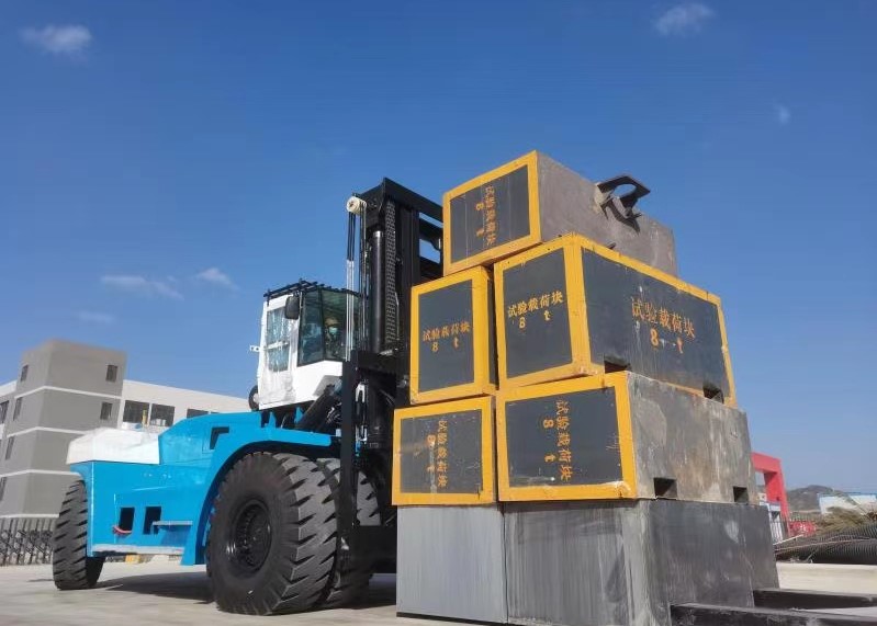 Forklift undergoing load testing with heavy blocks