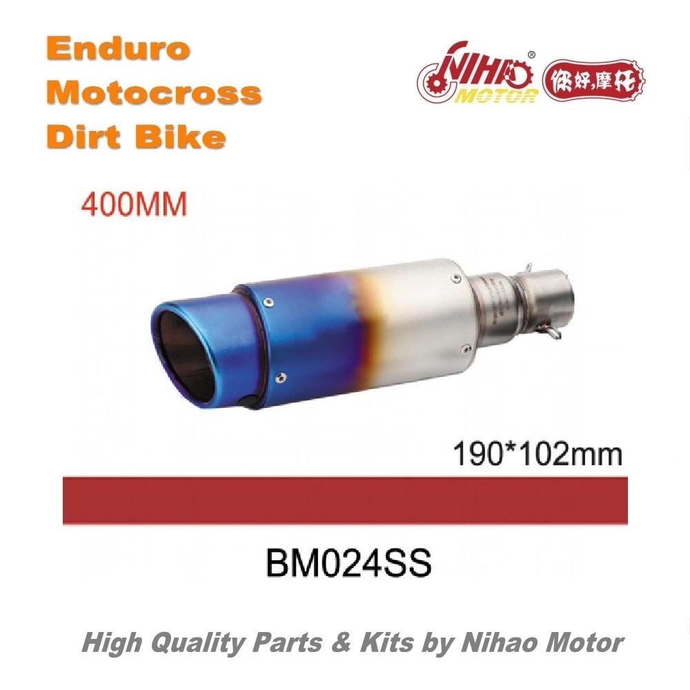 Universal stainless steel motocross muffler showing dimensions and construction details