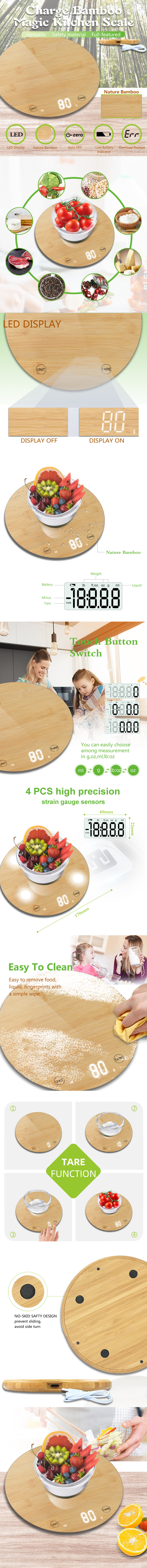 Infographic showing bamboo kitchen scale features including LED display, high precision sensors, and no-skid design.
