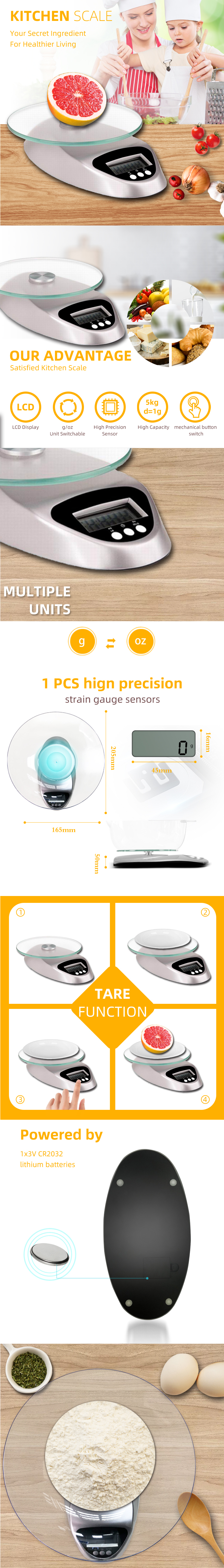 Detailed infographic of the 5kg digital kitchen scale showing dimensions and key features