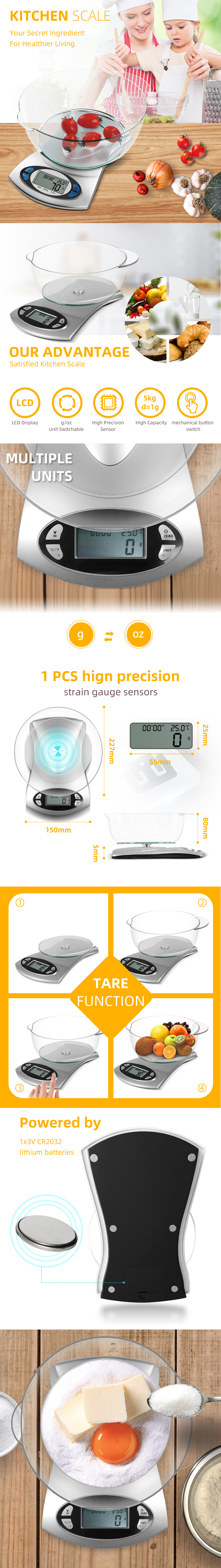 Infographic showing kitchen scale dimensions, LCD display, and high precision sensor details