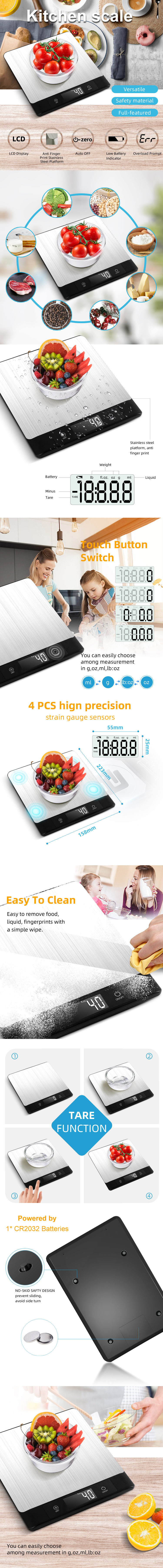 Detailed infographic of the 5kg stainless steel kitchen scale