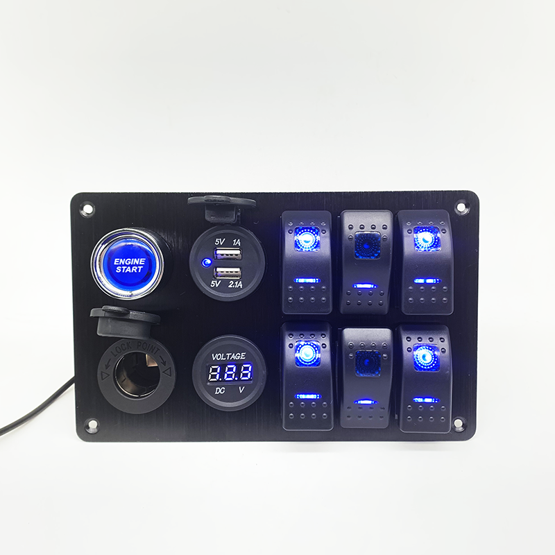 Close-up of the blue LED rocker switches and digital display