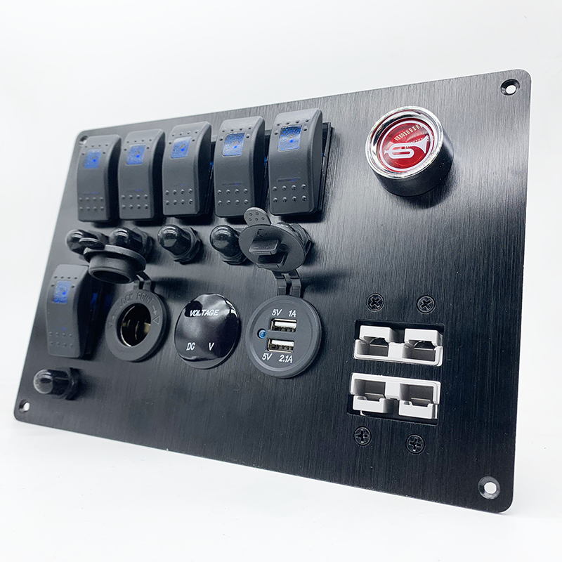 6-Gang Rocker Switch Panel with Blue LED Indicators