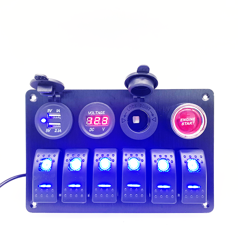6-Gang Waterproof Rocker Switch Panel with Voltmeter and USB Ports