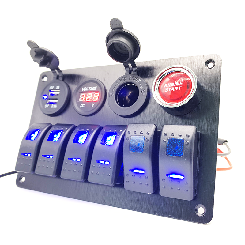 Close-up of the digital voltmeter and engine start button