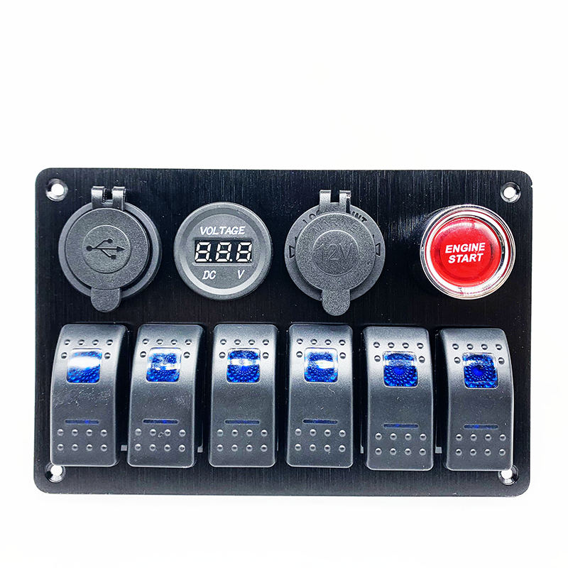 6-Gang switch panel with blue LED indicators and digital voltmeter
