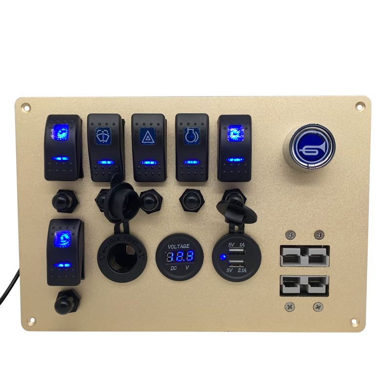 Close-up of rocker switches with various functional icons